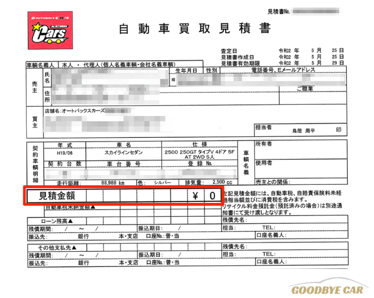 車査定0円の見積書